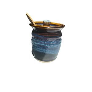 Bear Hills Pottery Handmade Honey Pot Blue With Lid & Wooden Spoon